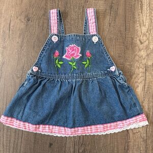 Vintage 2000s Y2K Denim Jumper Vestbak Overall Dress Embroidered Floral Rose 12M